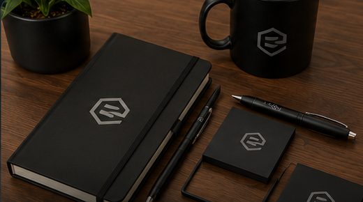 Branded desk and office items — notebook, pen, and mug