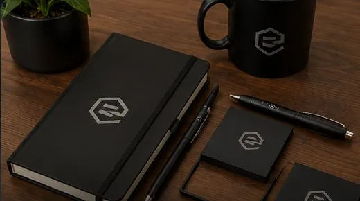 Branded desk and office items — notebook, pen, and mug