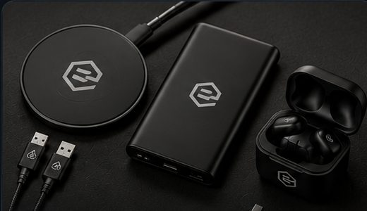 Branded tech accessories — wireless charger, power bank, and earbuds