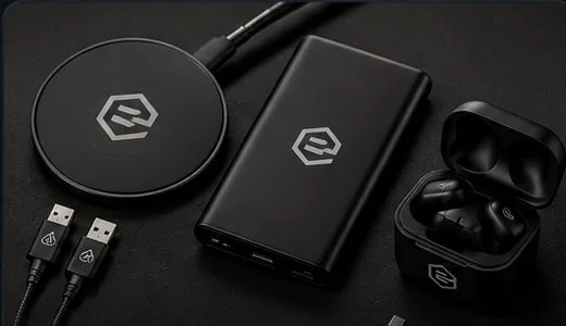 Branded tech accessories — wireless charger, power bank, and earbuds