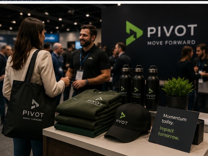 Branded merchandise on display at a live event booth