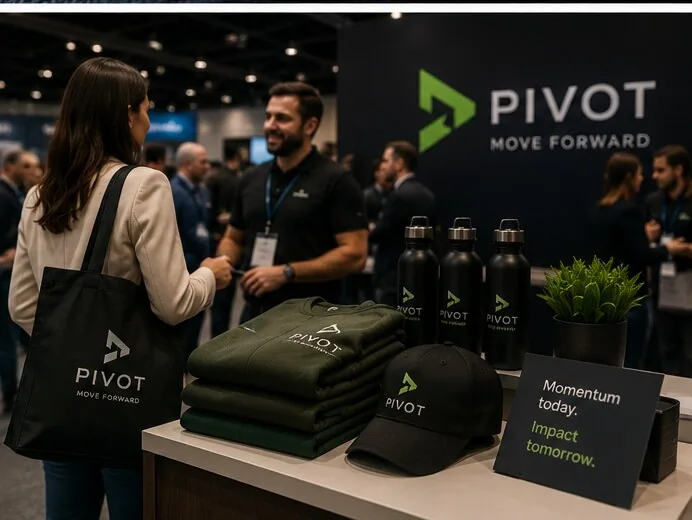Branded merchandise on display at a live event booth