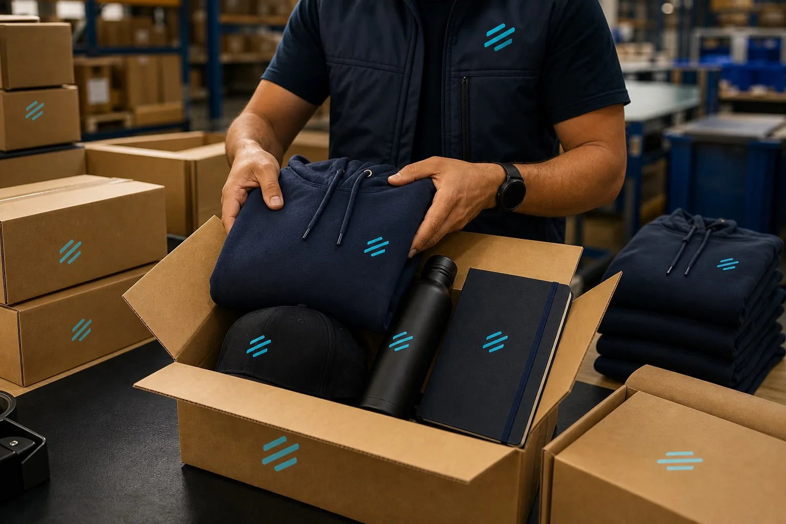 Branded merchandise kits being packed for global fulfillment