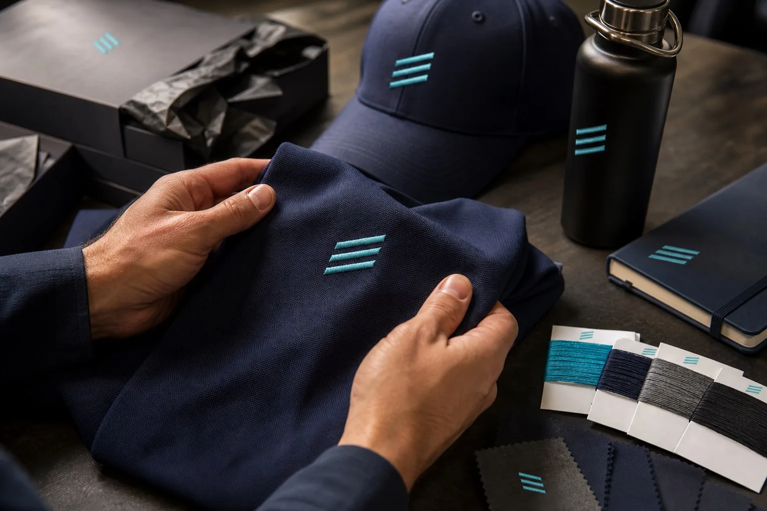 Hands evaluating embroidered fabric and premium branded merchandise samples
