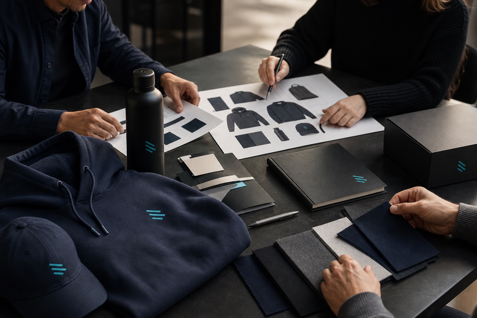 Team developing a branded merchandise strategy with apparel, drinkware, packaging and material samples