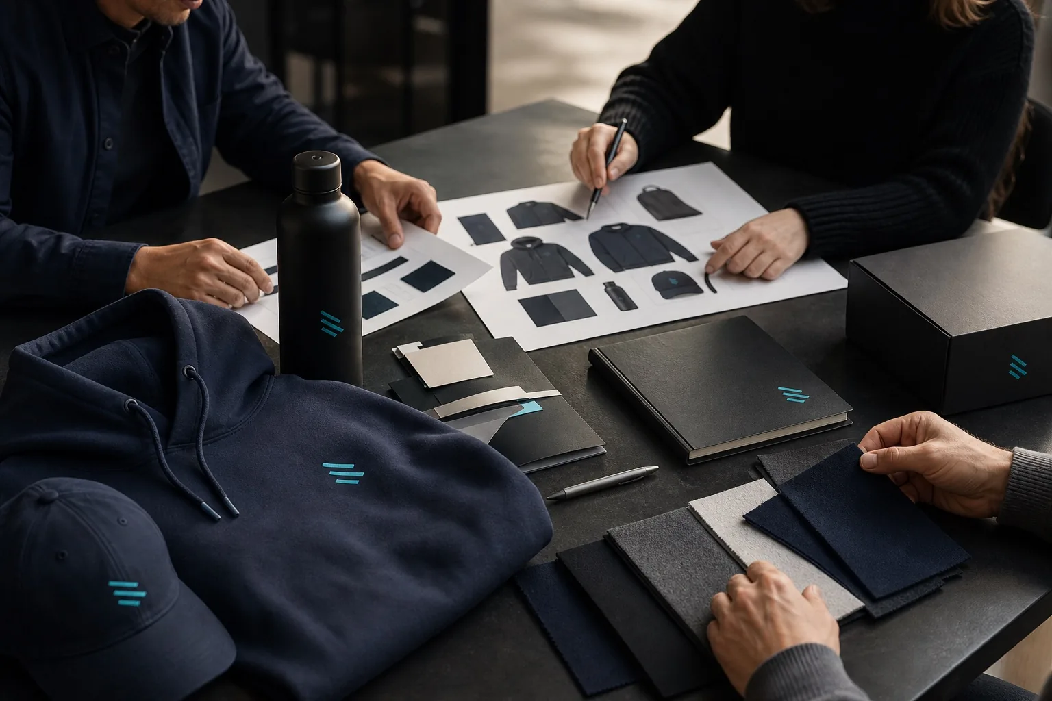 Team developing a branded merchandise strategy with apparel, drinkware, packaging and material samples
