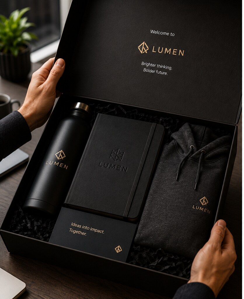 Hands opening a premium branded welcome kit with bottle, notebook, and hoodie
