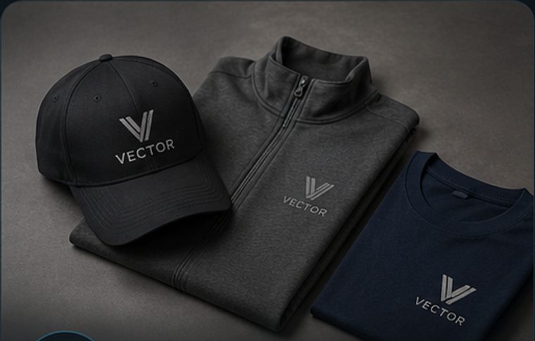 Branded cap, quarter-zip pullover, and t-shirt with a custom Vector logo