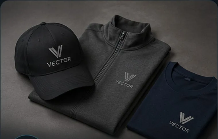 Branded cap, quarter-zip pullover and t-shirt with a custom company logo