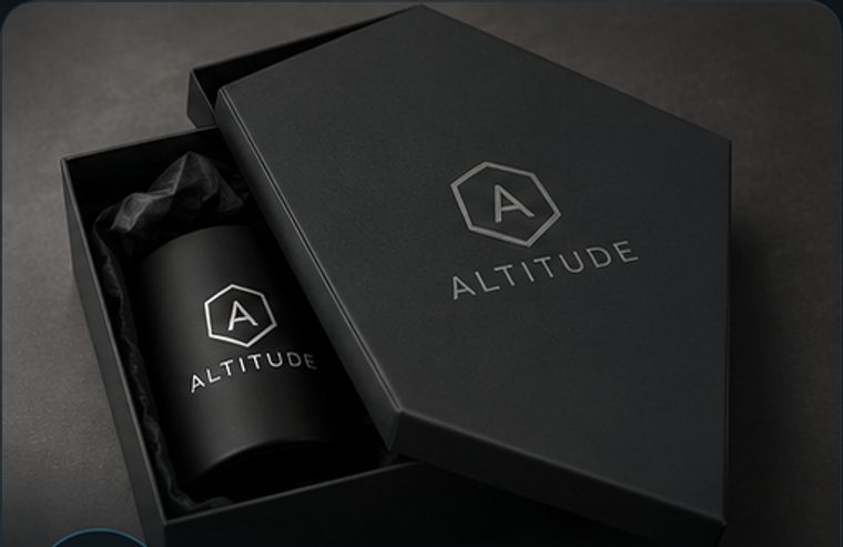Custom branded gift box and tumbler with an Altitude logo