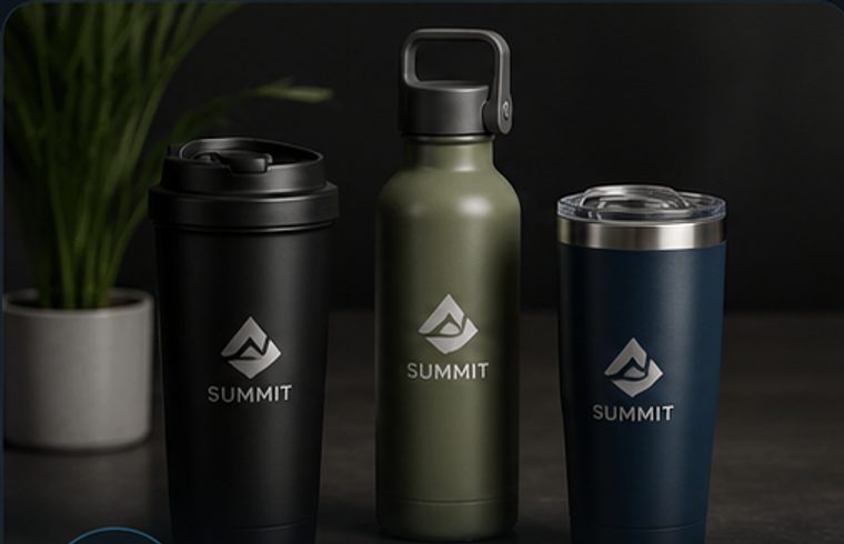 Branded travel mug, water bottle, and tumbler with a custom Summit logo