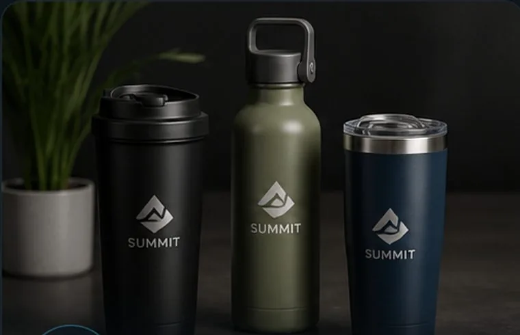 Branded travel mug, water bottle and tumbler with a custom logo