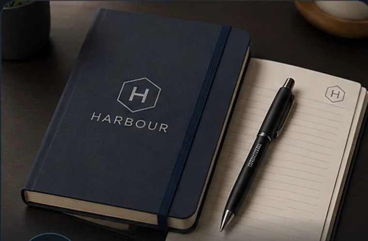 Branded notebook and pen set with a custom company logo