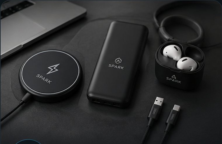 Branded wireless charger, power bank, earbuds, and cable with a custom Spark logo