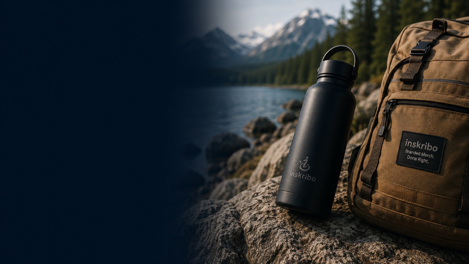Branded Inskribo tumbler and backpack by a mountain lake