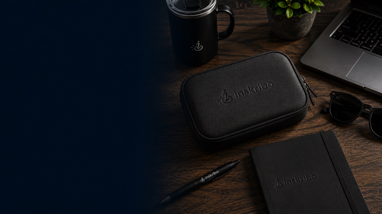 Branded Inskribo desk kit — tech pouch, mug, pen and notebook