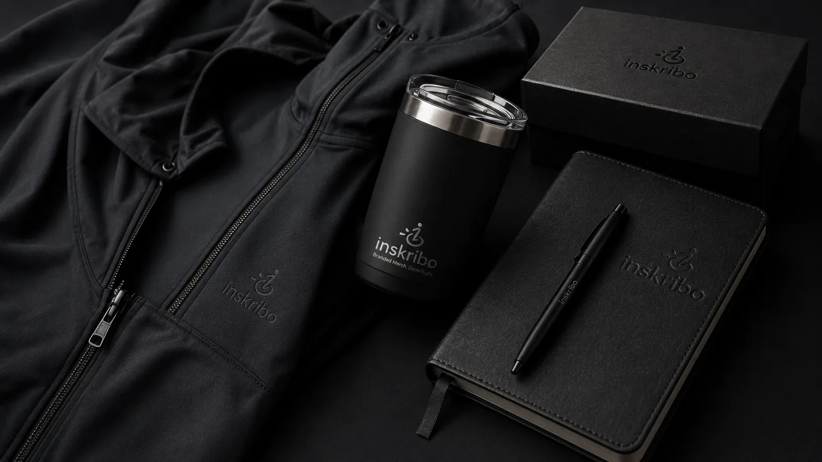 A premium branded merch welcome kit laid out