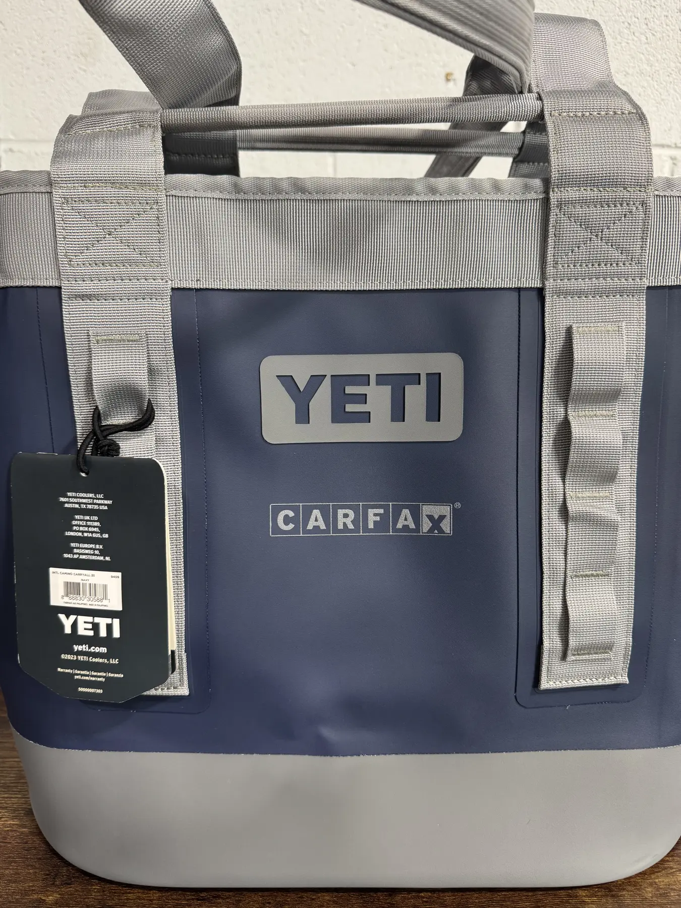 CARFAX branded YETI tote cooler in navy and grey