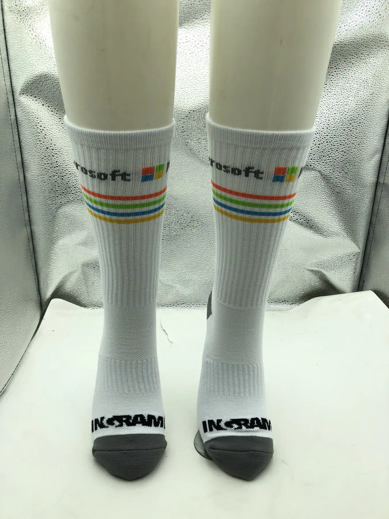White co-branded Ingram Micro and Microsoft crew socks
