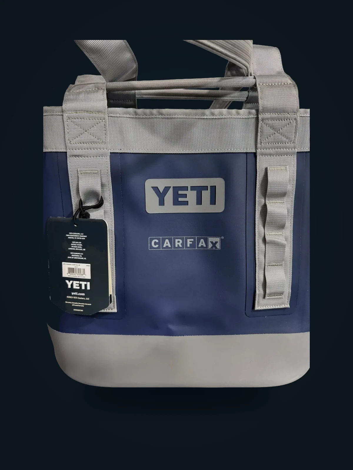 CARFAX branded YETI tote cooler in navy and grey