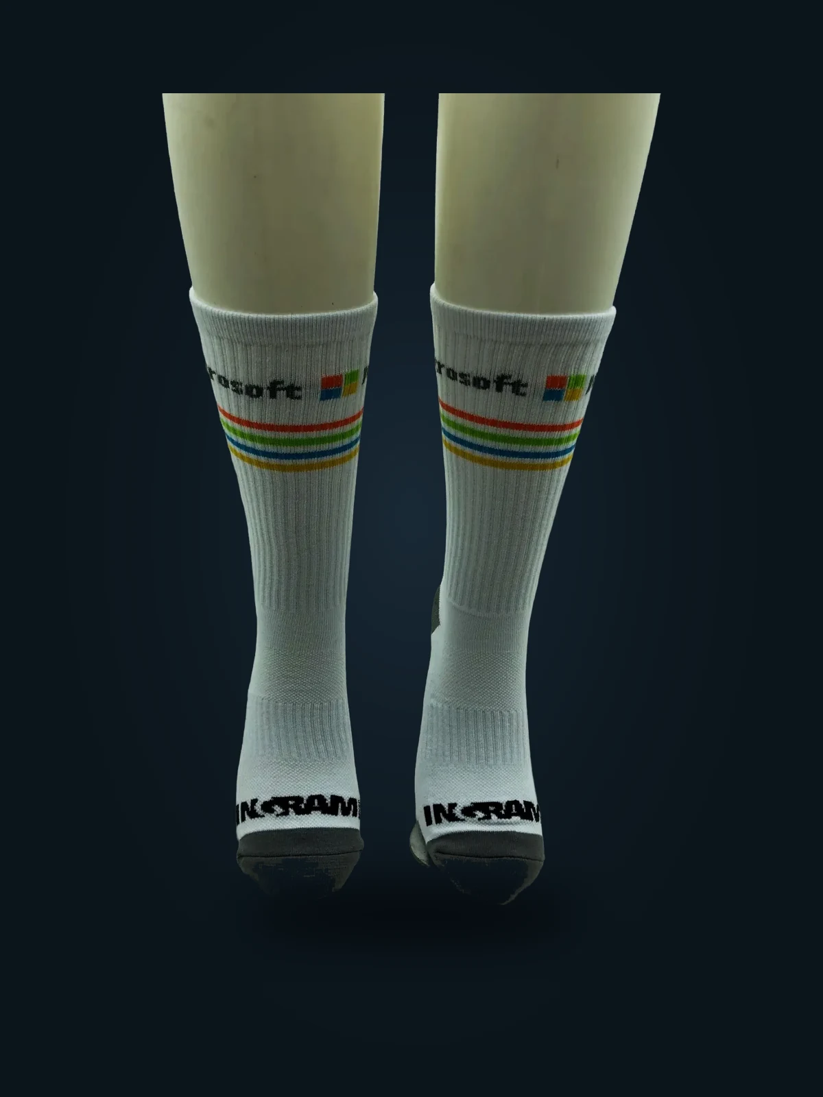 White co-branded Ingram Micro and Microsoft crew socks