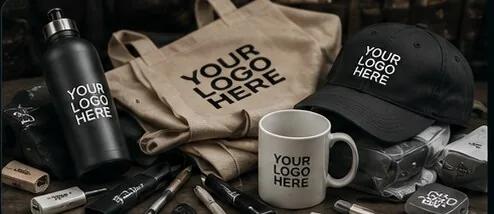 A table cluttered with generic promotional merchandise stamped with placeholder logos