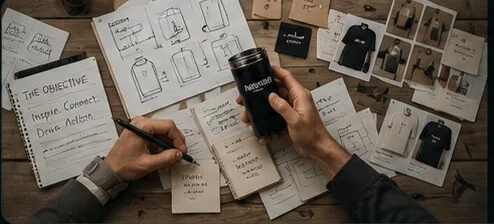 A creative workshop table with sketches, product samples, mood boards and colour swatches