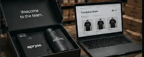 A premium welcome kit and luxury packaging beside a laptop showing a branded company store, warehouse behind