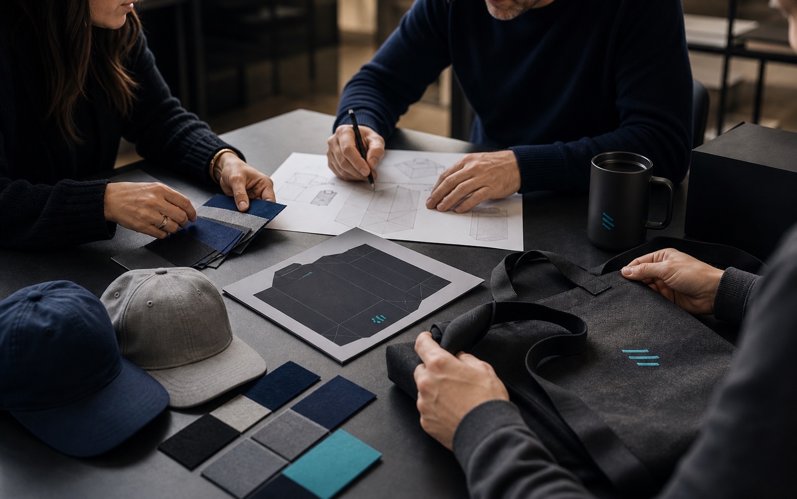 Creative merchandise team reviewing materials, packaging, caps, and a tote concept around a worktable