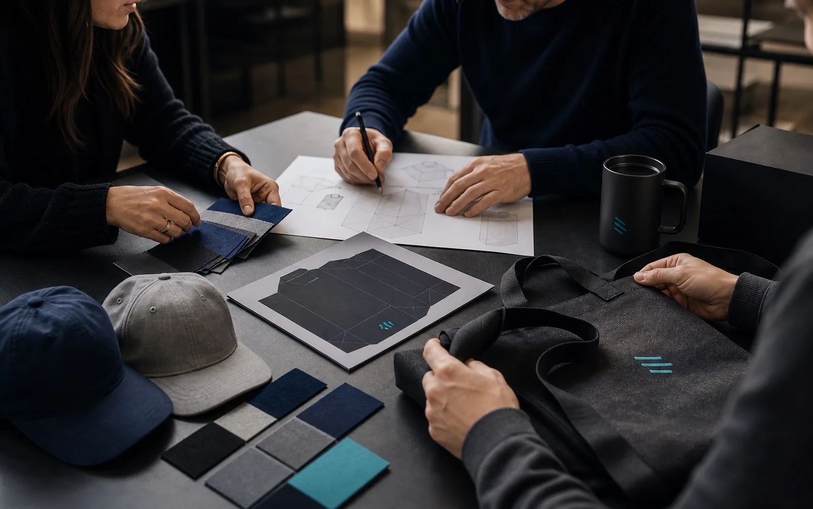 Creative merchandise team reviewing materials, packaging, caps, and a tote concept around a worktable