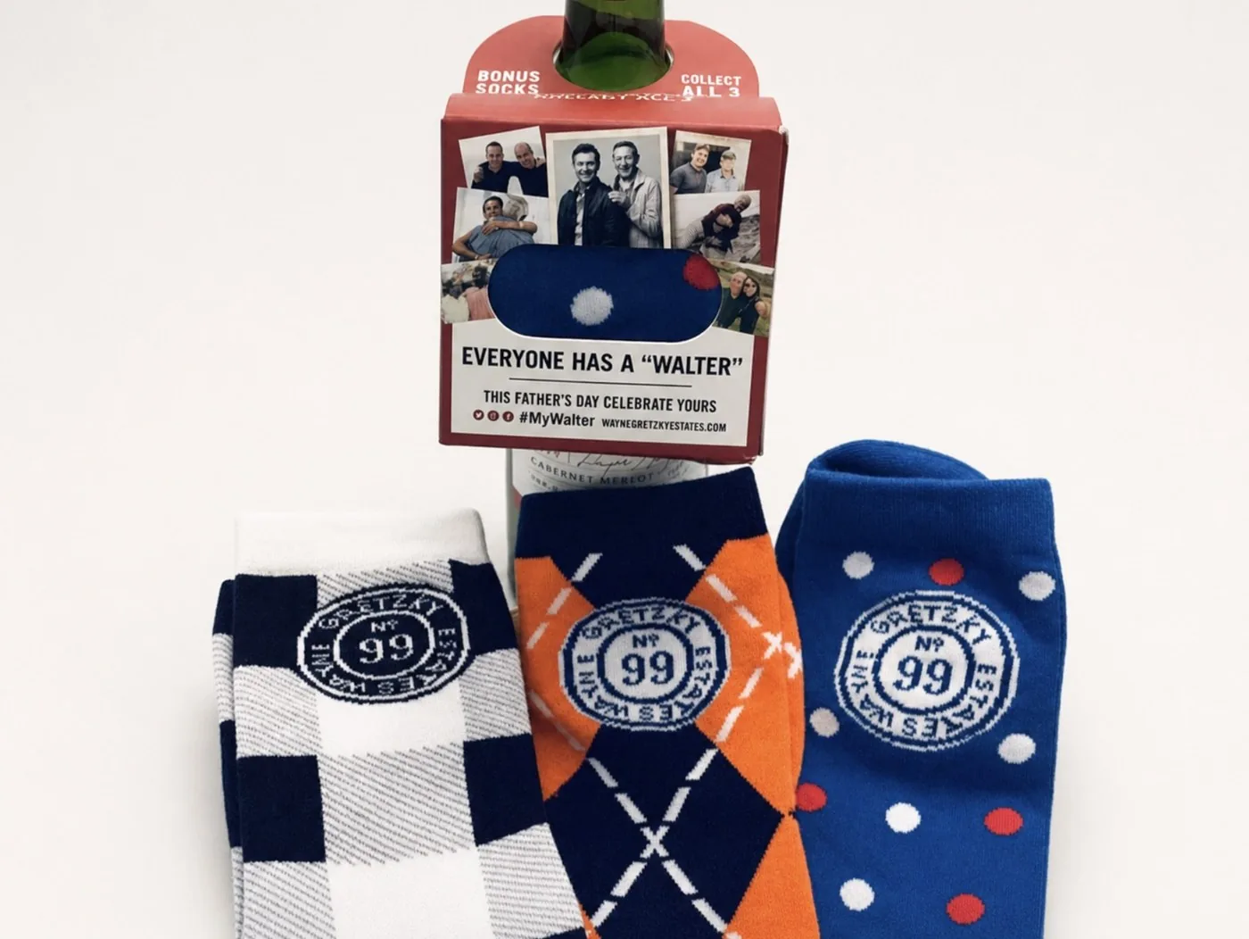 Three collectible hockey-inspired sock designs with custom 'Who's Your Walter?' bottle-hanger packaging created for Wayne Gretzky Wines.